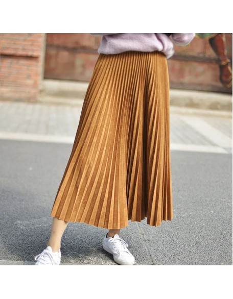 Women's Elegant Suede Pleated Midi Skirt