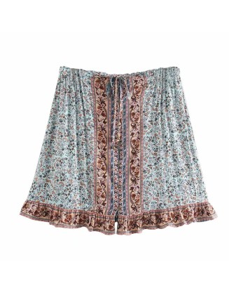 Floral Printed Bohemian Rayon Cotton Elastic Waist Mini Boho Skirts