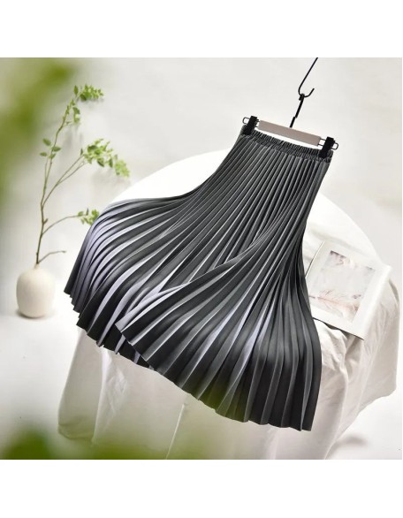 Vintage Pleated Midi Solid Skirt Fashion High Waist