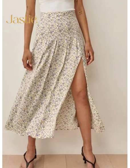 A-line Floral Print Long High Waist Pleated Slit Skirts