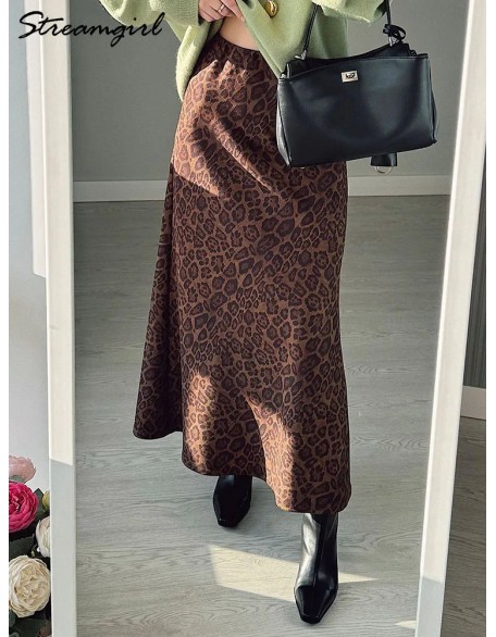 Leopard Print Suede Skirt Long Autumn Vintage A Line Maxi Skirts