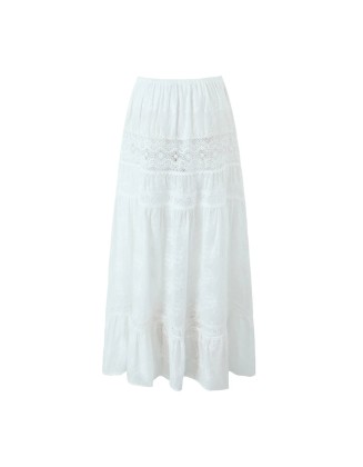 Embroidery Flower Spliced Lace Elastic Waist Ankle Long Skirt
