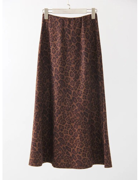 Leopard Print Suede Skirt Long Autumn Vintage A Line Maxi Skirts