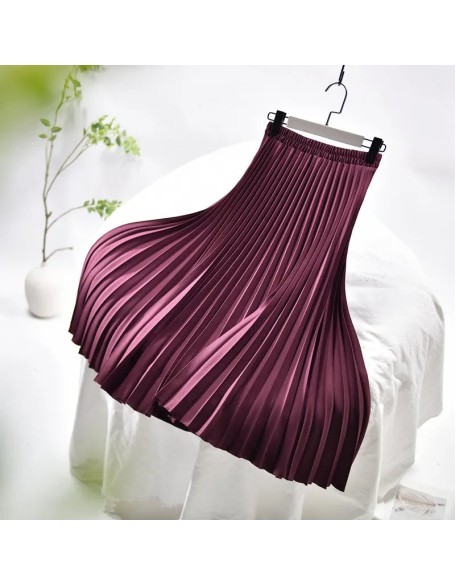 Vintage Pleated Midi Solid Skirt Fashion High Waist