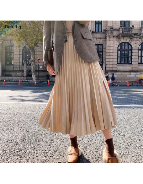Vintage Pleated Midi Solid Skirt Fashion High Waist