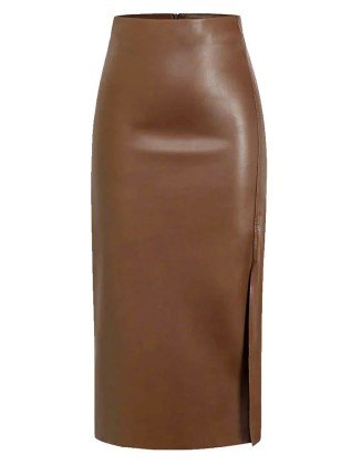 Long Black Leather Skirt With Slit Slim High Waist Office PU Skirts