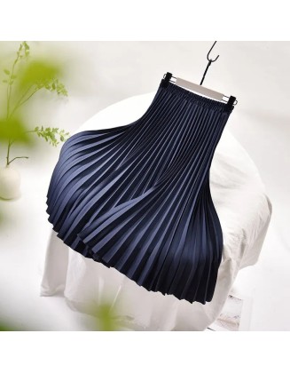 Vintage Pleated Midi Solid Skirt Fashion High Waist