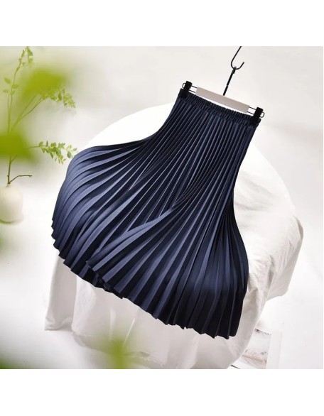 Vintage Pleated Midi Solid Skirt Fashion High Waist