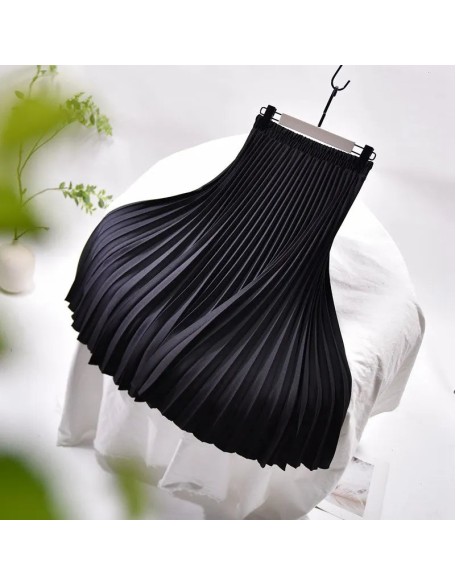 Vintage Pleated Midi Solid Skirt Fashion High Waist