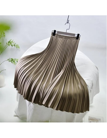 Vintage Pleated Midi Solid Skirt Fashion High Waist