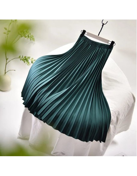 Vintage Pleated Midi Solid Skirt Fashion High Waist