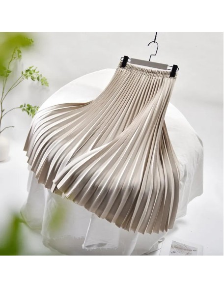 Vintage Pleated Midi Solid Skirt Fashion High Waist