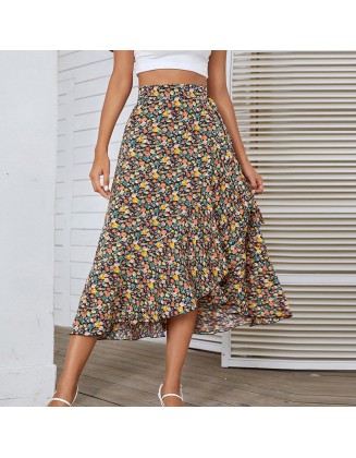 Women Floral Print Ruffles Pleated Boho Skirt