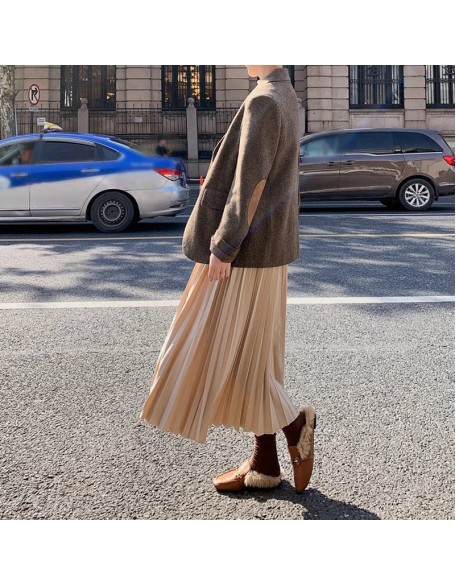 Vintage Pleated Midi Solid Skirt Fashion High Waist