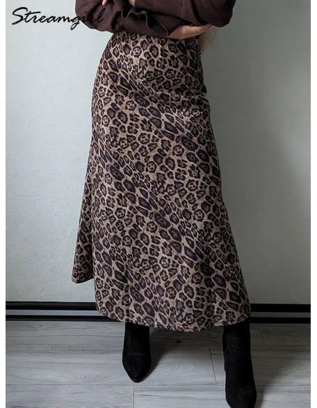 Leopard Print Suede Skirt Long Autumn Vintage A Line Maxi Skirts