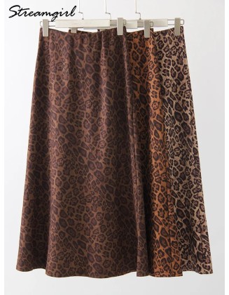Leopard Print Suede Skirt Long Autumn Vintage A Line Maxi Skirts