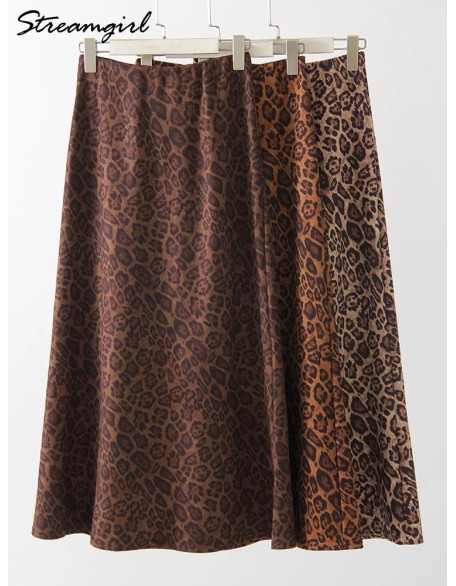 Leopard Print Suede Skirt Long Autumn Vintage A Line Maxi Skirts