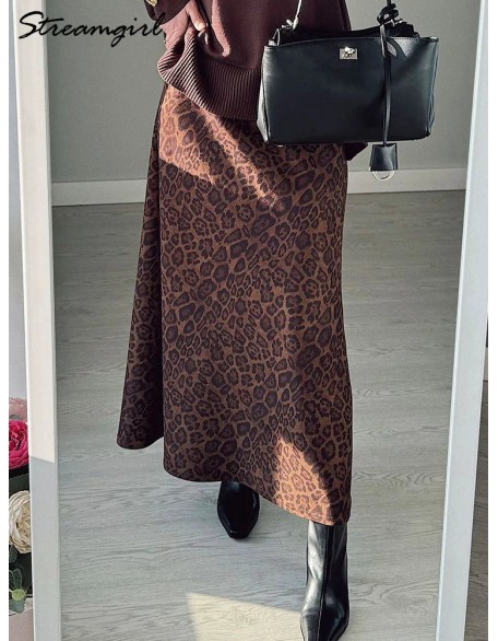 Leopard Print Suede Skirt Long Autumn Vintage A Line Maxi Skirts