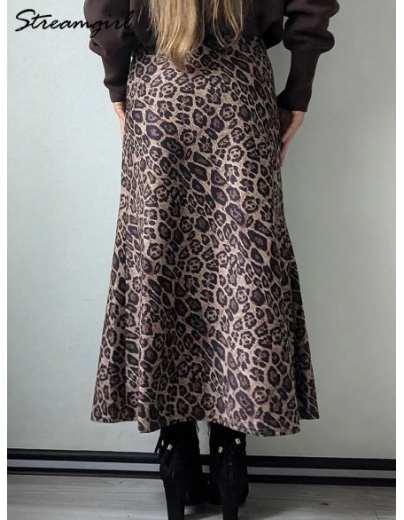Leopard Print Suede Skirt Long Autumn Vintage A Line Maxi Skirts