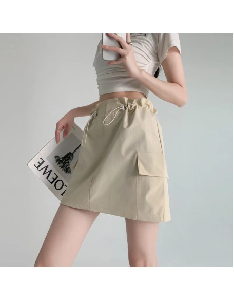 Vintage Drawstring A-line Casual High Waist Mini Skirt