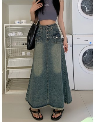 Denim Button Pockets Ankle Length A Line Tassel Long Skirt