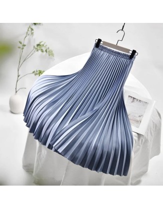 Vintage Pleated Midi Solid Skirt Fashion High Waist