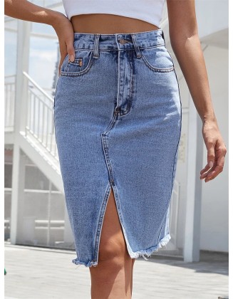 Front Slit Blue Denim Skirt Pockets High Waist Midi Skirts
