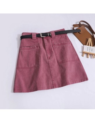 Vintage High Waist With Belt Casual A-line Skirts With Pocket
