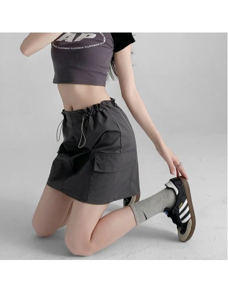 Vintage Drawstring A-line Casual High Waist Mini Skirt