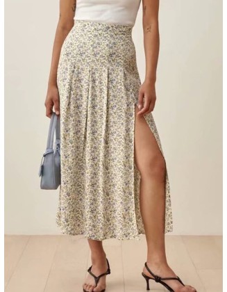 A-line Floral Print Long High Waist Pleated Slit Skirts