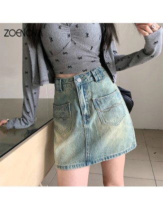 Retro A-line Denim Fashion Women's Casual High Waisted All Match Skirt