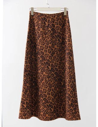 Leopard Print Suede Skirt Long Autumn Vintage A Line Maxi Skirts
