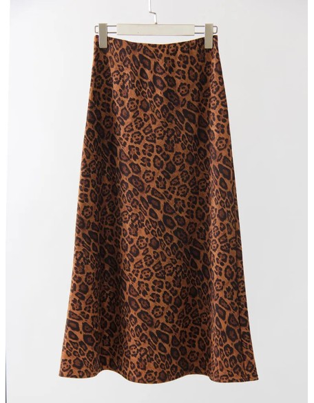 Leopard Print Suede Skirt Long Autumn Vintage A Line Maxi Skirts