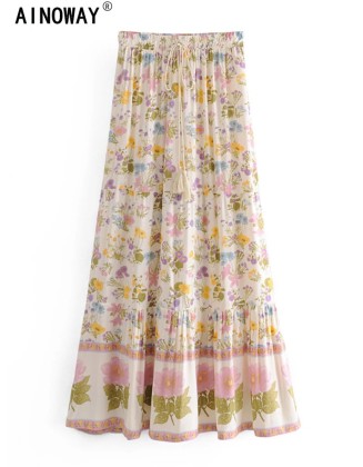 Vintage Chic Multi Floral Print Beach Bohemian Maxi Skirts