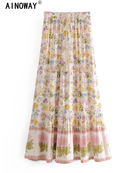 Vintage Chic Multi Floral Print Beach Bohemian Maxi Skirts