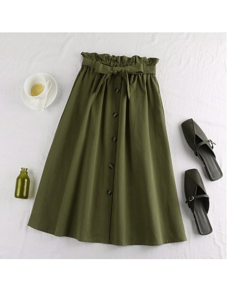 Midi Knee Length Elegant Button High Waist Skirt