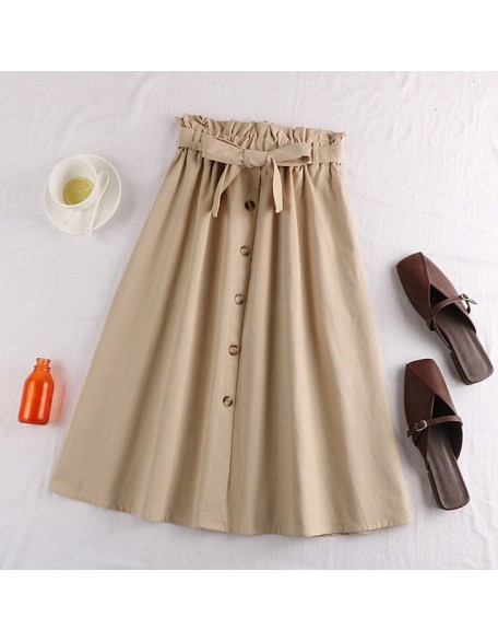 Midi Knee Length Elegant Button High Waist Skirt