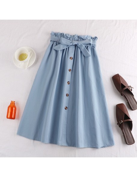 Midi Knee Length Elegant Button High Waist Skirt