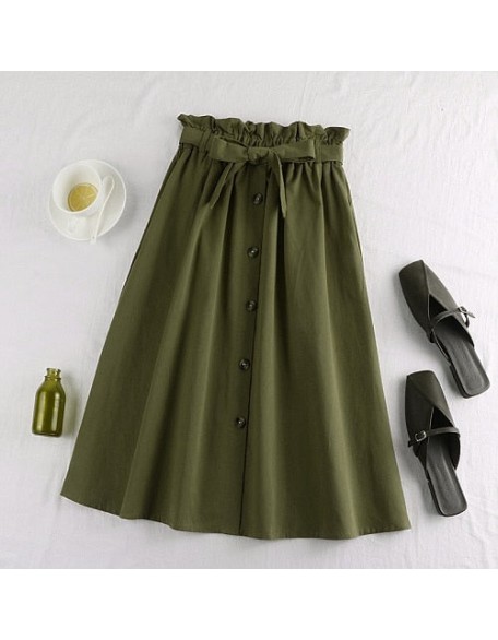 Midi Knee Length Elegant Button High Waist Skirt