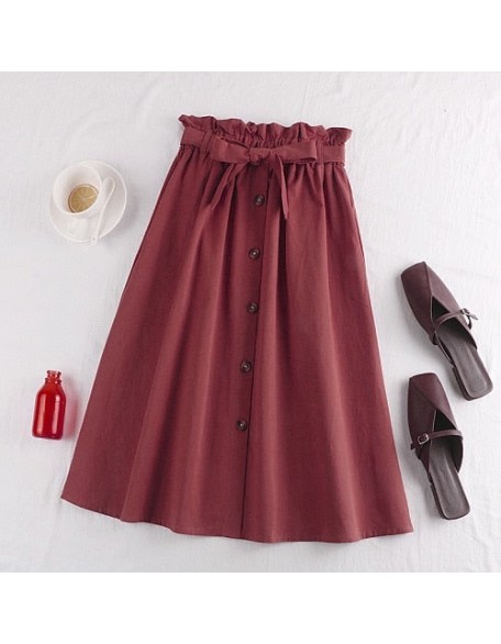 Midi Knee Length Elegant Button High Waist Skirt