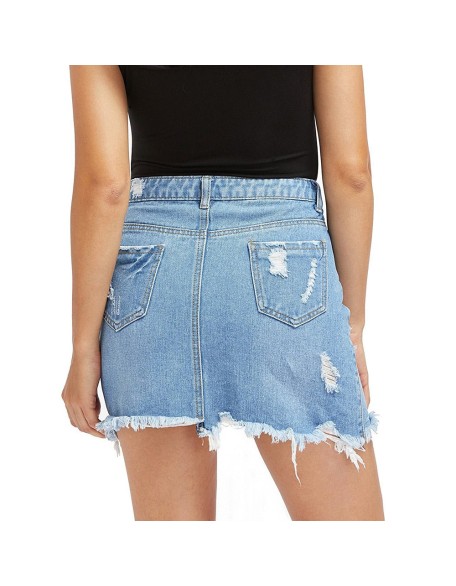 Basic Pocket Blue Ripped Casual Mini Denim Skirt