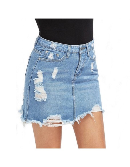 Basic Pocket Blue Ripped Casual Mini Denim Skirt