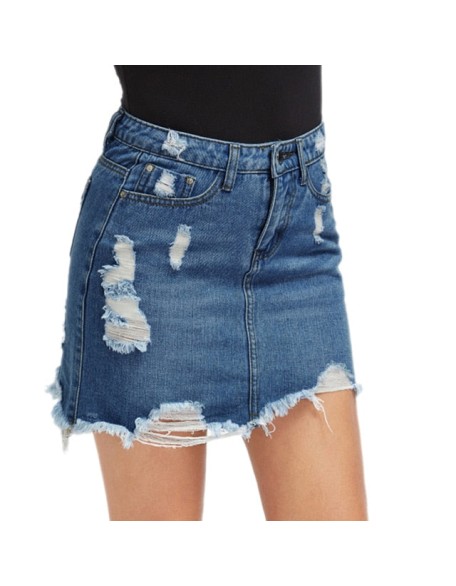 Basic Pocket Blue Ripped Casual Mini Denim Skirt