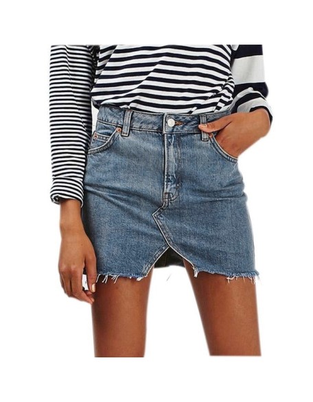 Basic Pocket Blue Ripped Casual Mini Denim Skirt