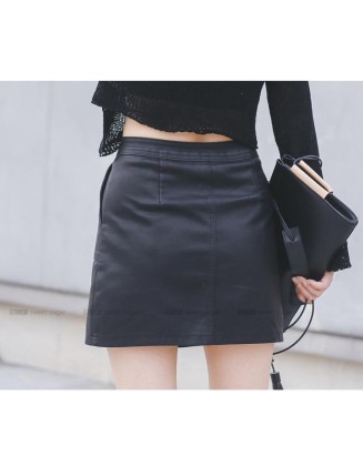 Skirt PU Leather Sexy Mini With Pockets Zipper A-line