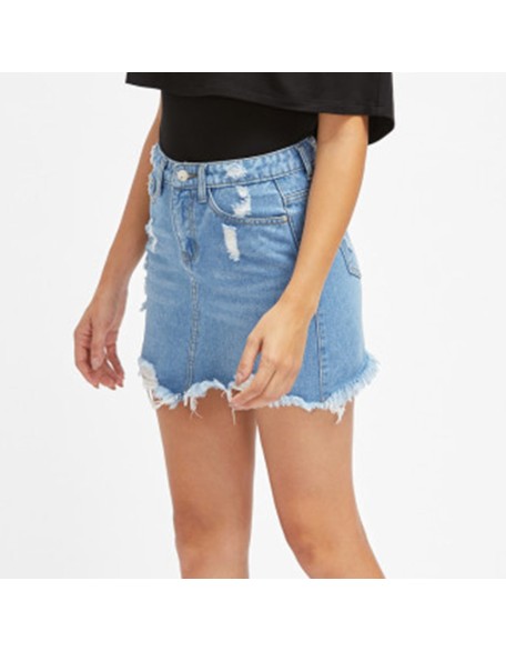 Basic Pocket Blue Ripped Casual Mini Denim Skirt