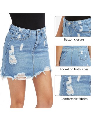 Basic Pocket Blue Ripped Casual Mini Denim Skirt