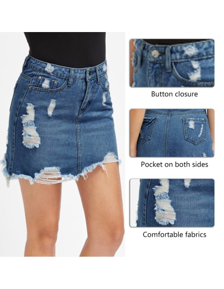 Basic Pocket Blue Ripped Casual Mini Denim Skirt