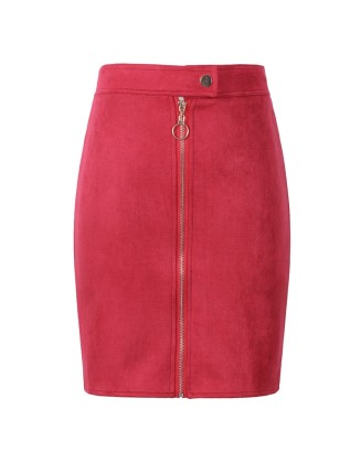 Vintage Style  Front Zipper Button Suede Mini Pencil Skirt