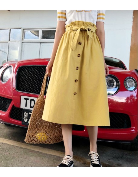 Midi Knee Length Elegant Button High Waist Skirt